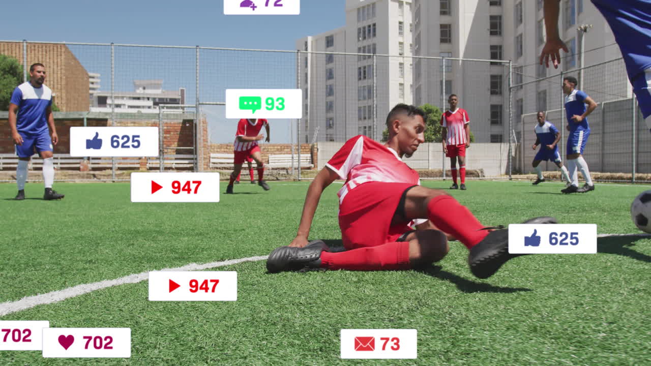 Male soccer players sliding on urban turf, showing social media notification graphics for marketing