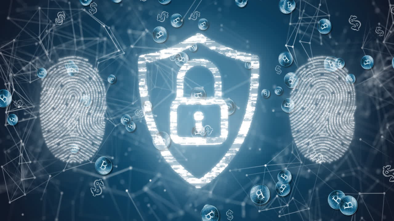 animazione di lucchetto, impronta digitale biometrica e elaborazione dei dati su sfondo blu