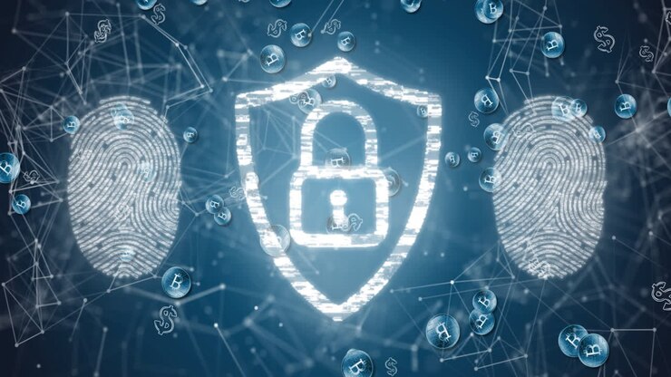 Animation of padlock, biometric fingerprint and data processing over blue background