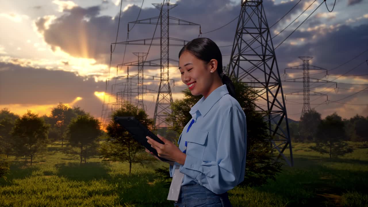 Jovem engenheira asiática usando tablet perto de linhas de energia ao pôr do sol