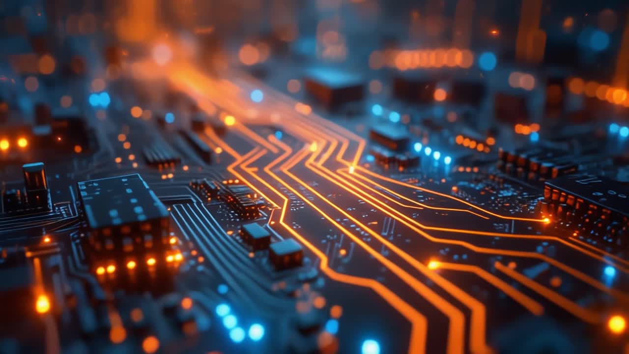 Futuristic Circuit Board with Glowing Orange and Blue Lines