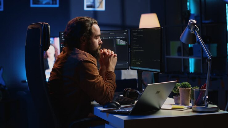 Entwickler tippen Code im Heimbüro, um eine Softwareanwendung zu entwickeln