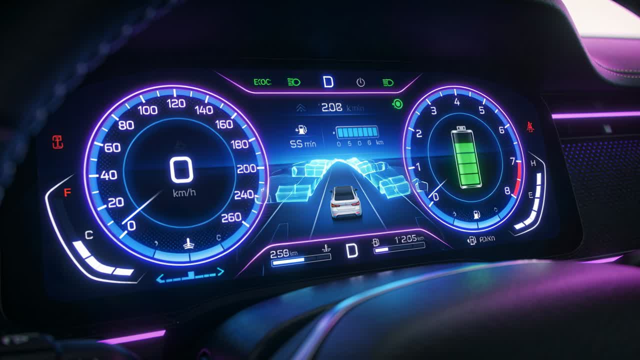 Vertical video: Car display waking after D, building 3D lane, sensor boxes, 0 km or h, green battery