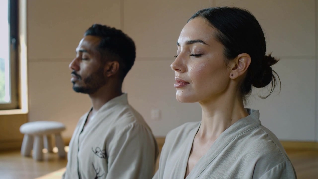 Et mediterende par i beige kapper starter en økt, puster sakte i et studio nær et vindu.
