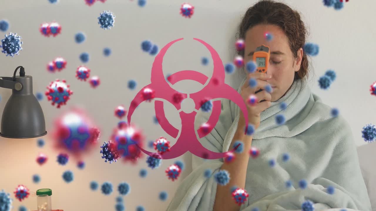 animación de células de virus y símbolo de peligro biológico sobre mujer caucásica acostada en la cama