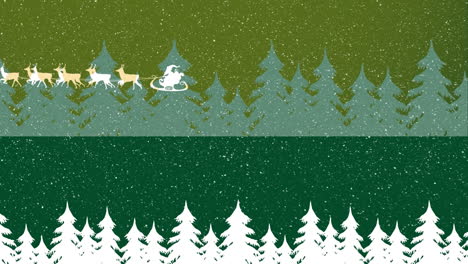snow falling over santa claus in sleigh being pulled by reindeers against multiple trees