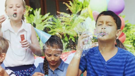 animación del cerebro digital sobre diversos niños jugando en una fiesta de cumpleaños