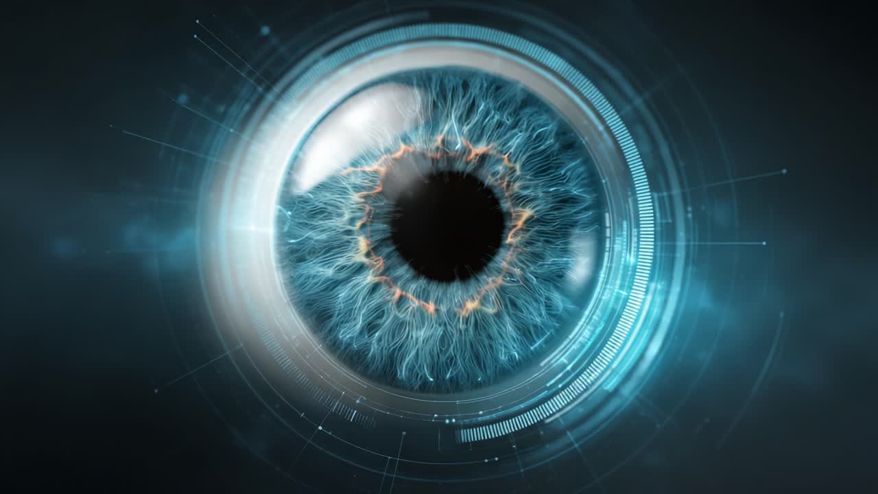 A Detailed Examination of a Futuristic Human Eye, Featuring Intricate Patterns and High-Tech Digital Elements Reflecting Advanced Vision Technology and Innovation