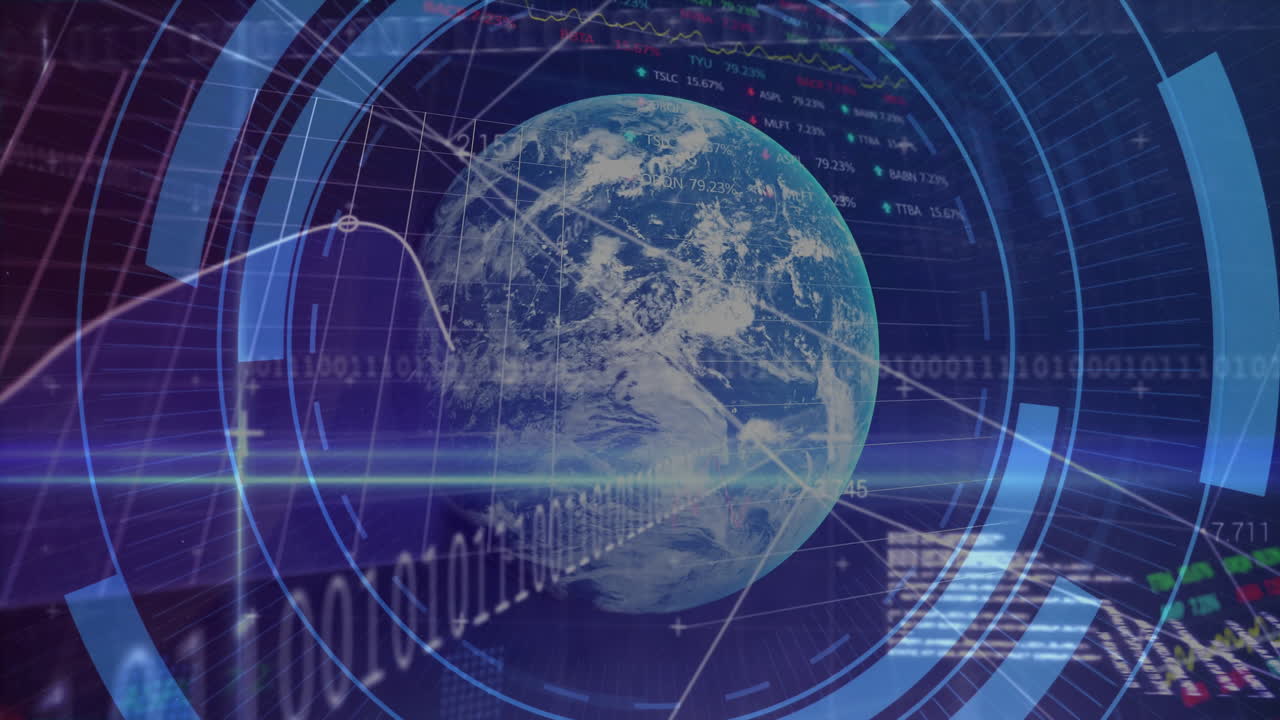 Animation of globe, digital data processing over scope scanning on dark background