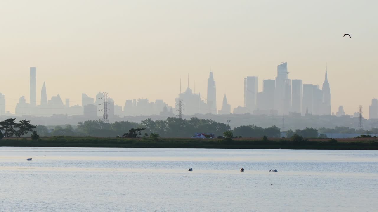 맨해튼 스카이 라인 (manhattan skyline) 은 뉴저지 파크 (new jersey park) 에서 촬영된 어두운 빛의 영상입니다.