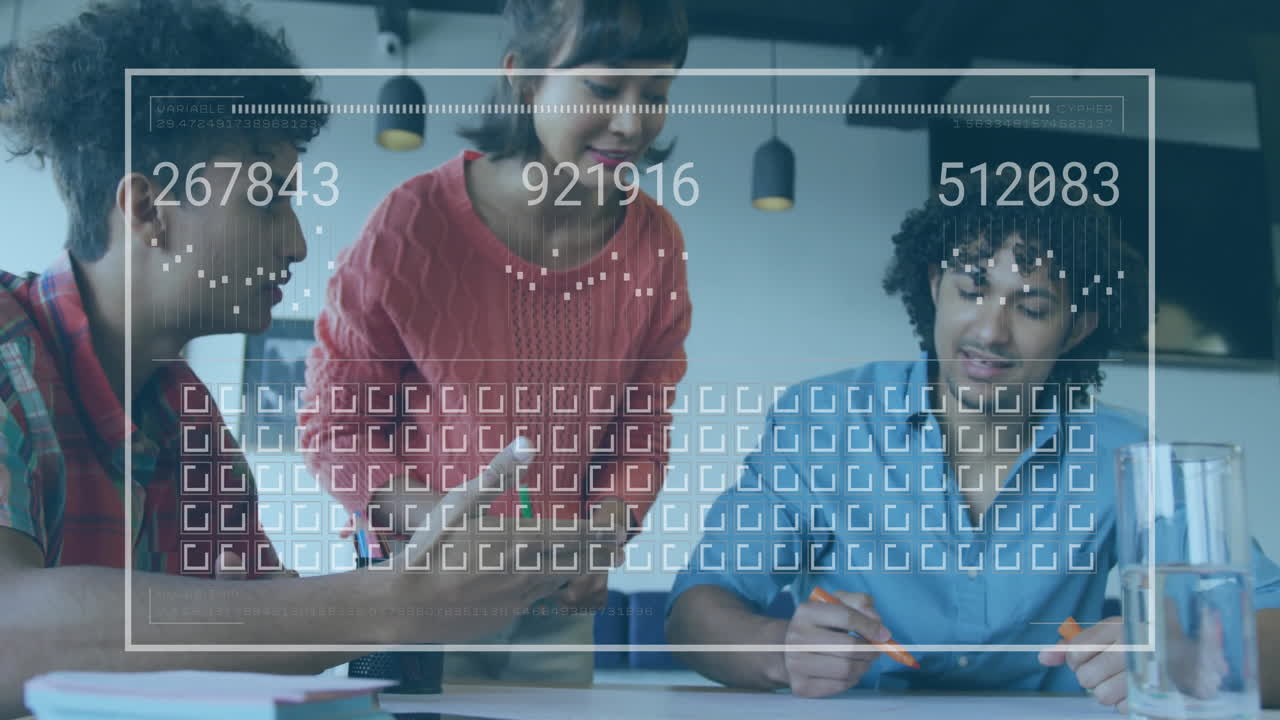 Animation of data processing over diverse colleagues working in office