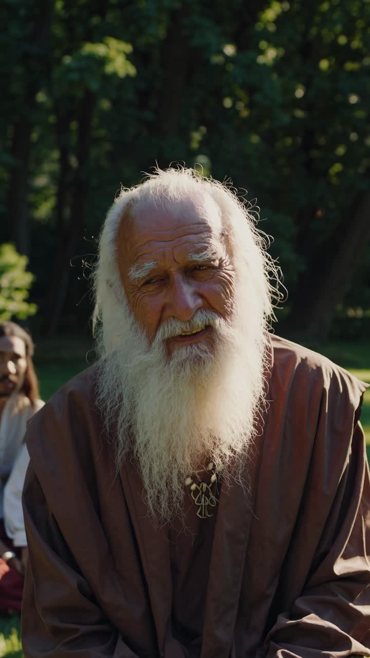 Elderly Guru with Long White Beard Smiling Outdoors