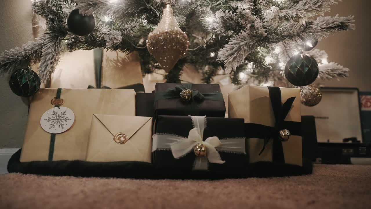 аккуратно завернутые и украшенные подарки под рождественской елкой