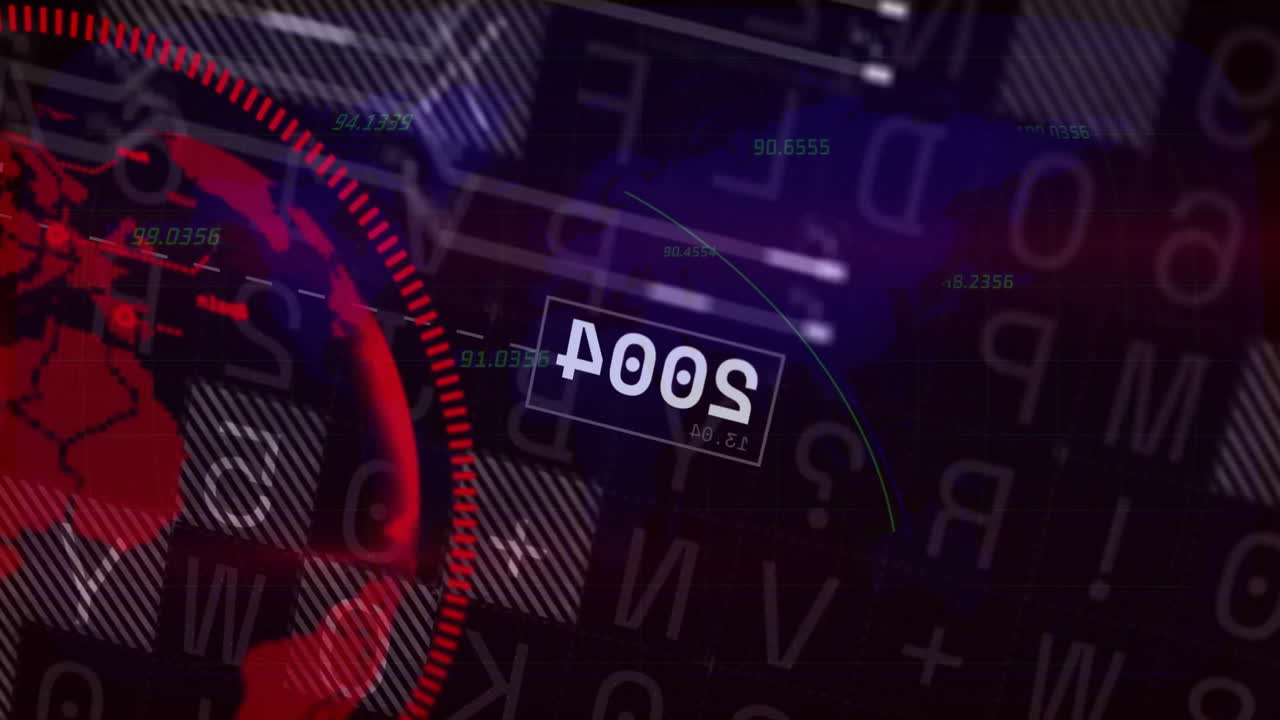 Stylized red digital globe showing segmented circular bar moving left, over dark grid HUD