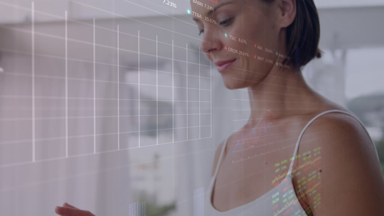 animación del procesamiento de datos del mercado de valores sobre mujer caucásica usando tableta digital en casa