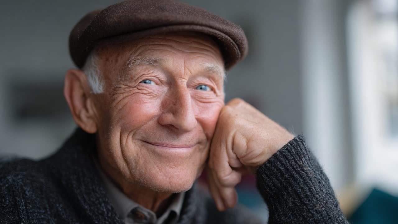 Uomo anziano sorridente in un ambiente accogliente, che irradia calore e gentilezza con un sorriso dolce, catturato in due fotogrammi che riflettono gioia e contentezza