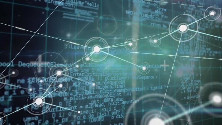 Animation of network of connections and data processing on black background