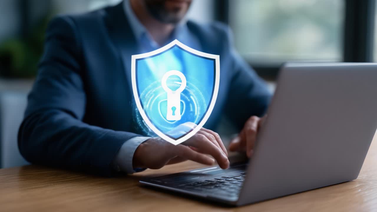 Exploring the Future of Cybersecurity: A Professional Engaged in Digital Protection with Advanced Technology Interface and Shield Graphic for Enhanced Data Security