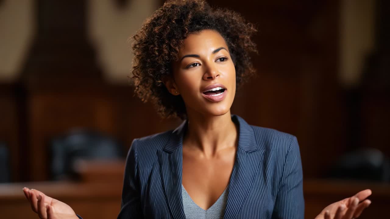 Engaging Speaker in Courtroom Setting: A Confident Woman Expresses Her Thoughts and Ideas, Captivating the Audience with Her Insightful Commentary and Charismatic Presence