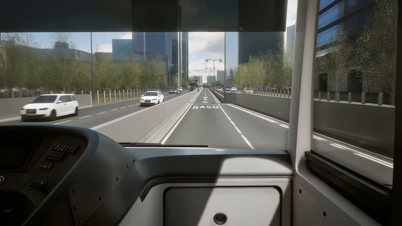 POV from a bus driving on a multi-lane urban highway