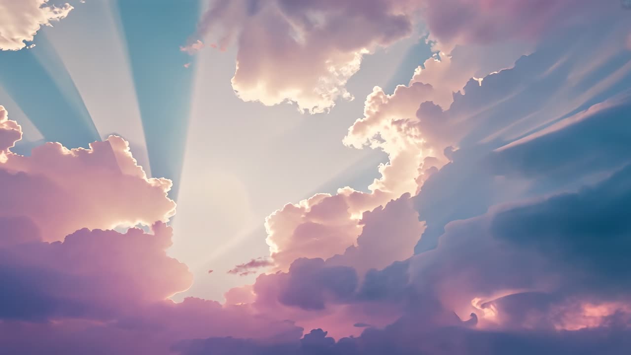 Parting large cumulus clouds revealing sunlight through opening at sunrise, with crepuscular rays