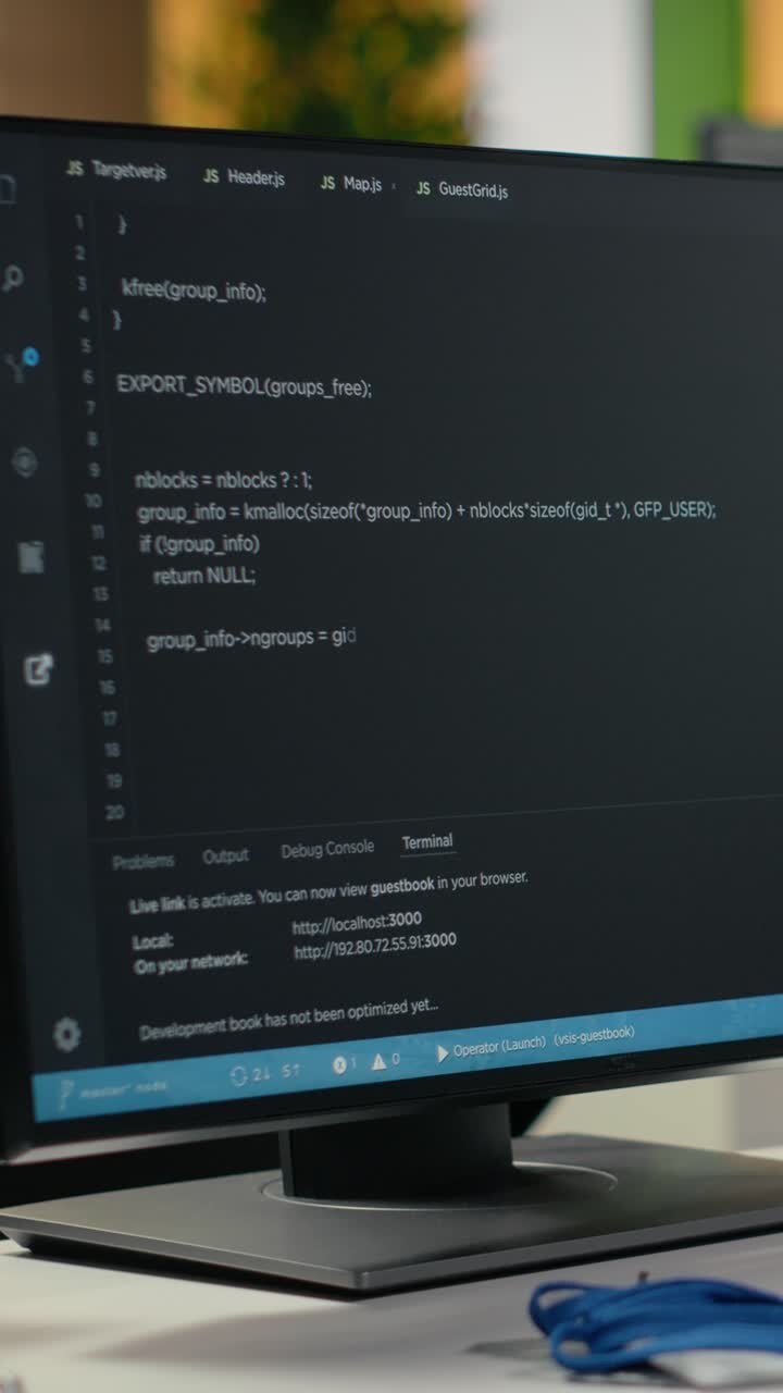 Vertical video PC monitors on startup office desk showing artificial intelligence neural networks