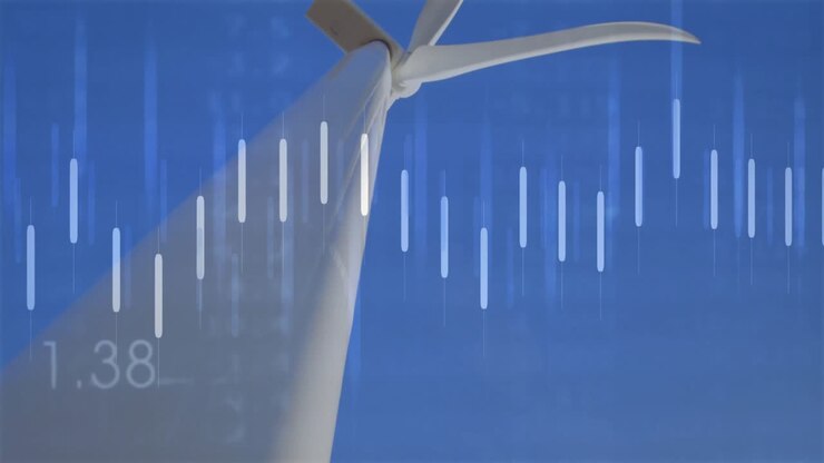 Technician powering laptop on turbine platform, checking rotor performance with animated graphs