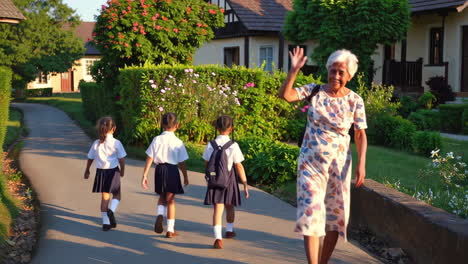 grandmother and school children