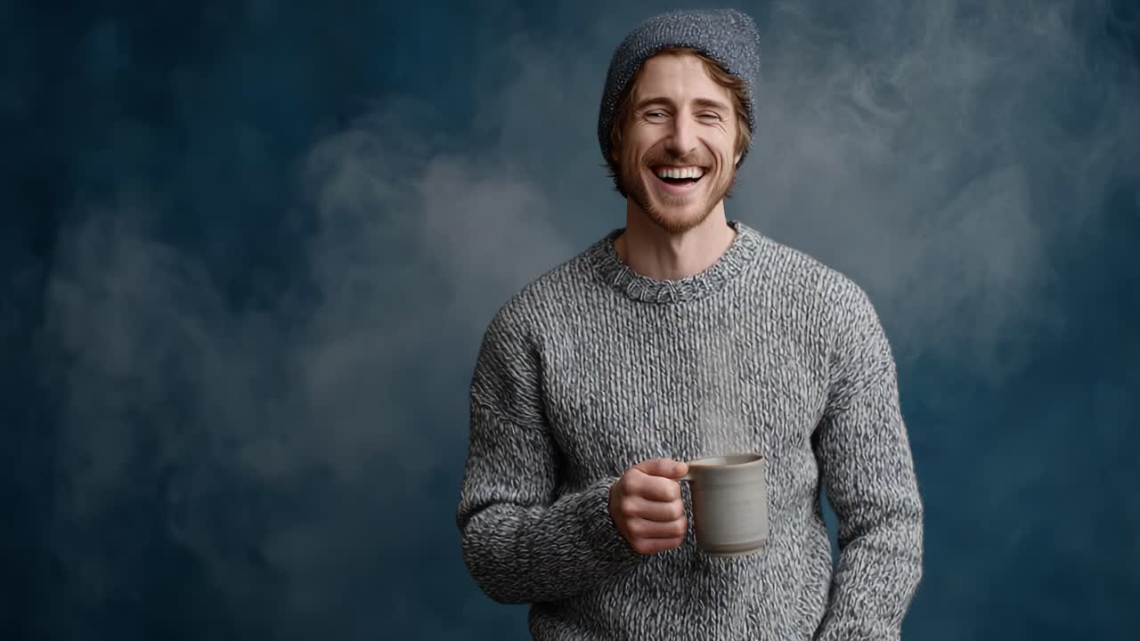 Cheerful Smiling Man in a Cozy Sweater and Beanie Holding a Mug, Radiating Joy and Warmth Against a Soft Blue Smoky Background