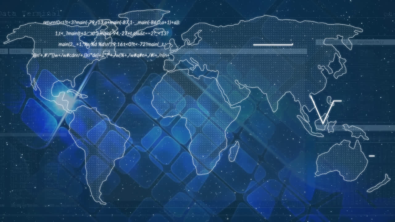 Animation of data processing over world map against light spot and square shapes on blue background