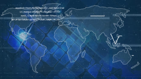 Animación-Del-Procesamiento-De-Datos-Sobre-El-Mapa-Mundial-Contra-Puntos-De-Luz-Y-Formas-Cuadradas-Sobre-Fondo-Azul