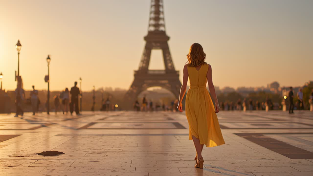Rear view of a young woman in a yellow dress walking on a plaza toward the Eiffel Tower at golden hour, with soft bokeh and tourists in the background