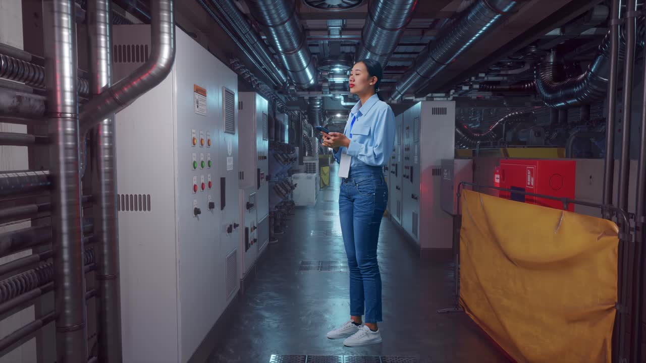 Full Body Side View Of Asian Female Worker With Her Phone In Engine Control Room, She Observes By Looking Around Before She Come To Concentrating With Her Smartphone