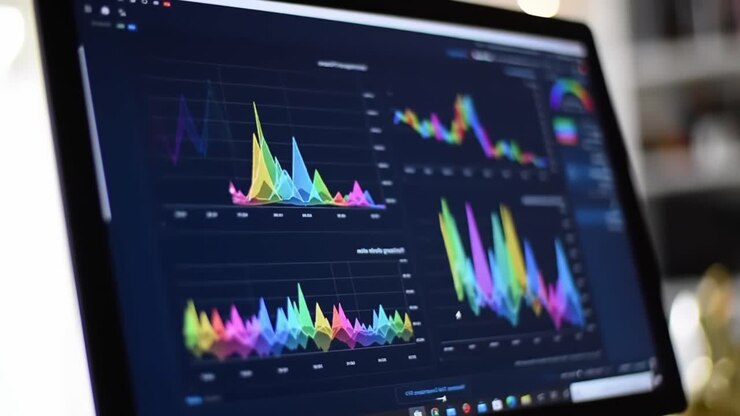 Dynamisk visualisering av datatrender: En fargerik grafisk analyse som viser statistisk innsikt på tvers av ulike beregninger og tidsrammer på en dataskjerm