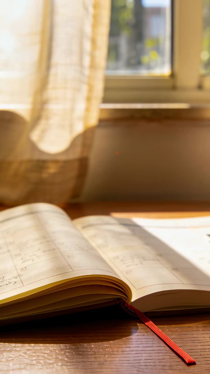 Vertical video: Pulling back camera revealing open planner on wooden desk, red ribbon and pen