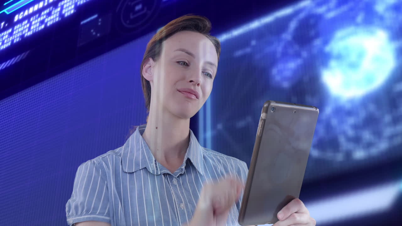 Using tablet with digital graphs, woman smiling with animation in background