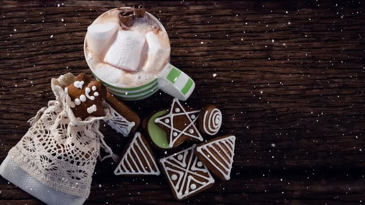Falling snow with Christmas hot chocolate and cookies