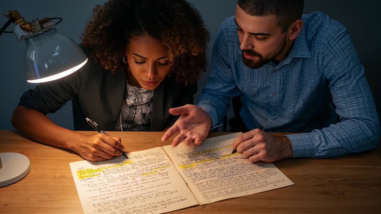 Pointing man guiding woman editing notebook at table under lamp for review, in blazer