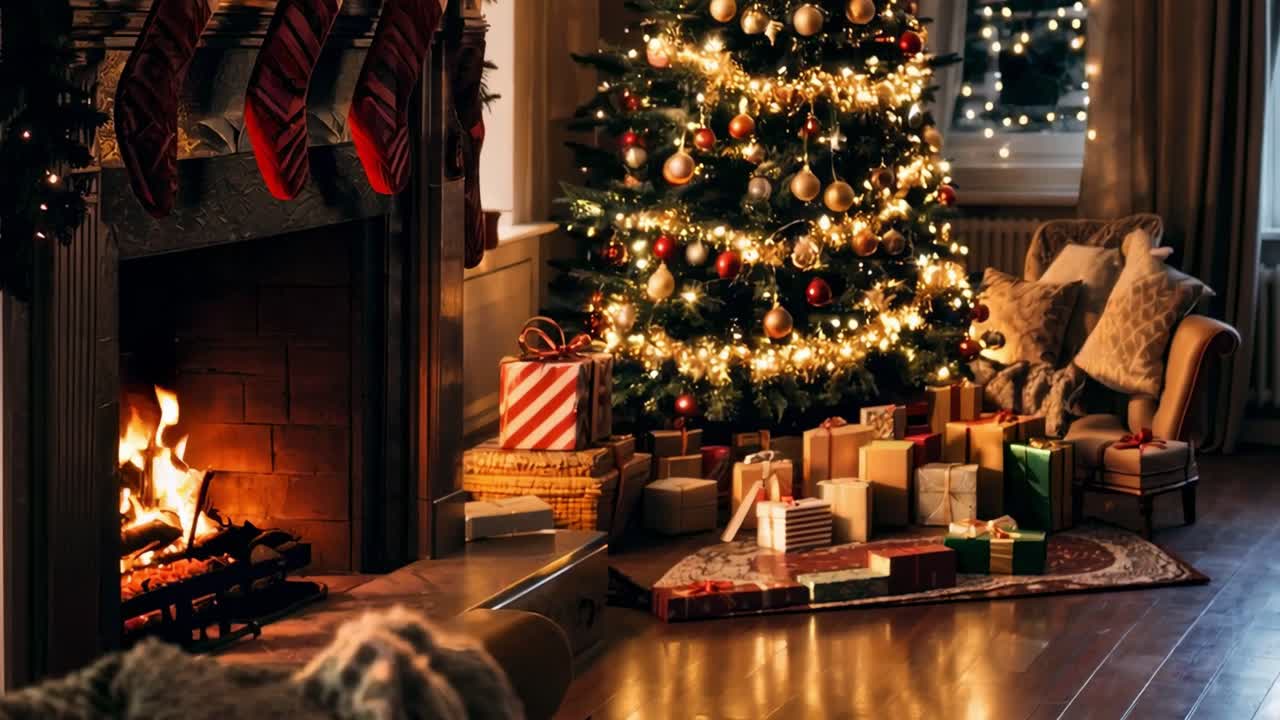 Cozy living room scene with a beautifully decorated Christmas tree, glowing fireplace, and an array of colorful gifts, creating a warm holiday atmosphere for festive celebrations