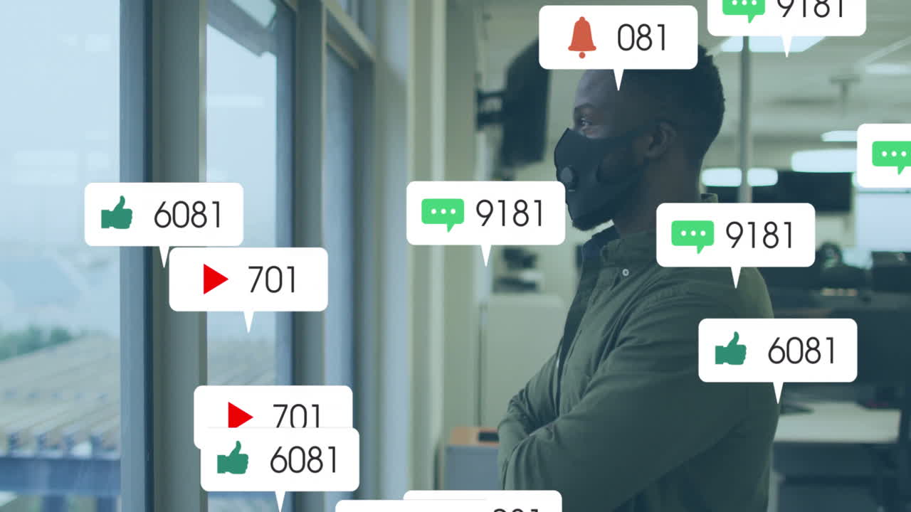 Observing animation of social media notifications, person wearing mask near window