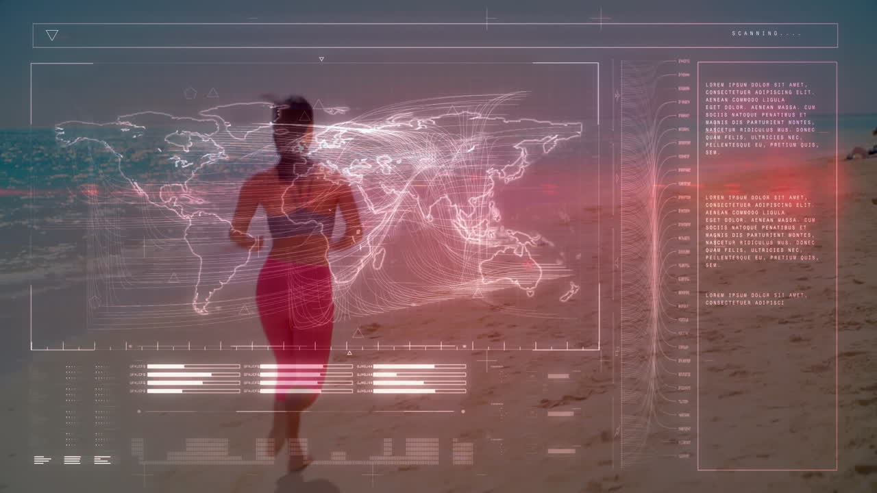 animación del procesamiento de datos sobre una mujer en forma corriendo en la playa