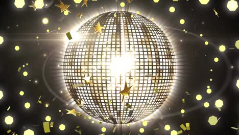 Animation-of-retro-mirror-disco-ball,-confetti-and-christmas-fairy-lights-flickering