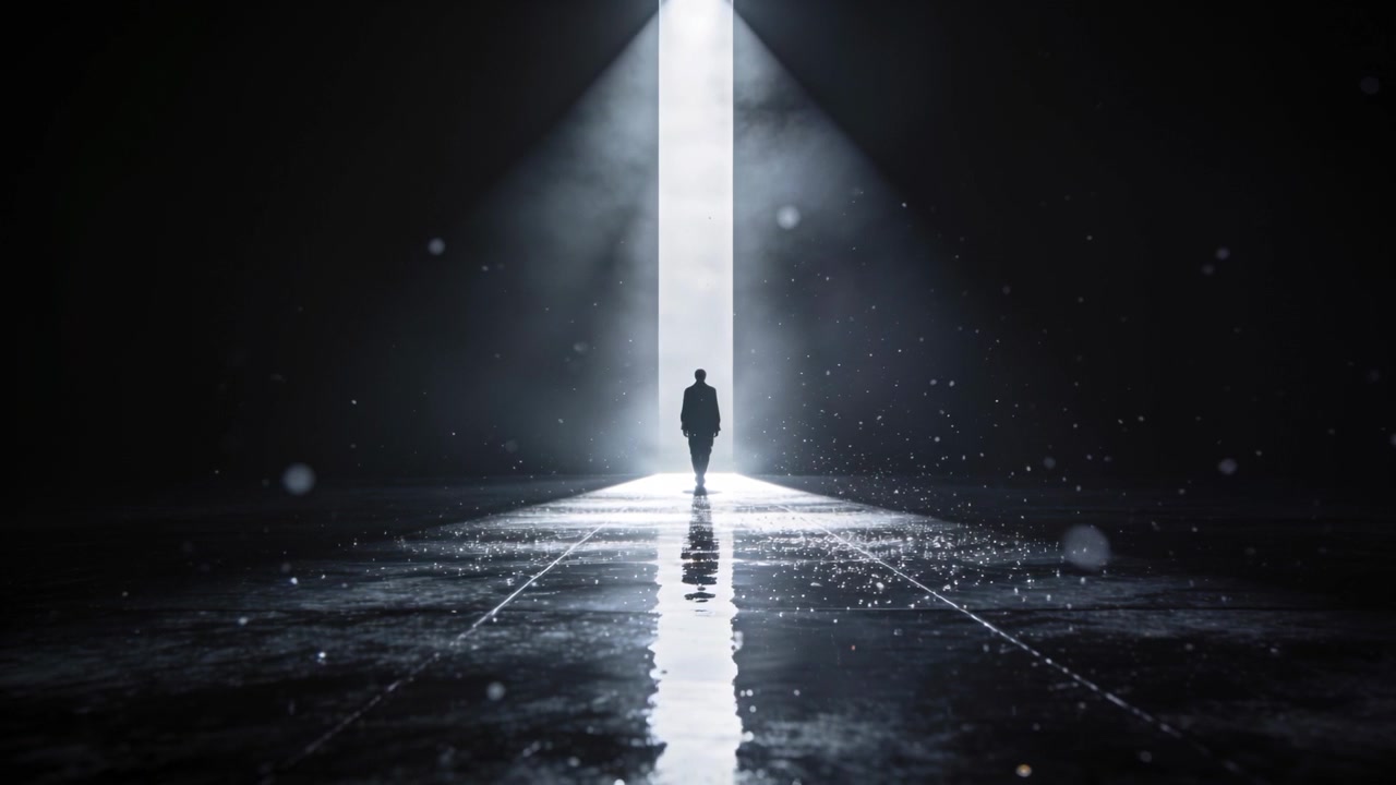 Walking suited man being drawn toward tall shaft emitting light, wet floor reflection and particles