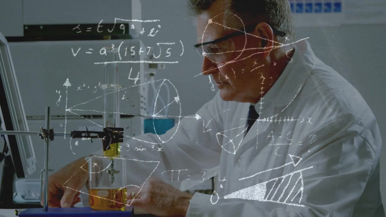 Sr chemist pipetting yellow liquid for assay adjusting clamp checking PC with chalk formulas