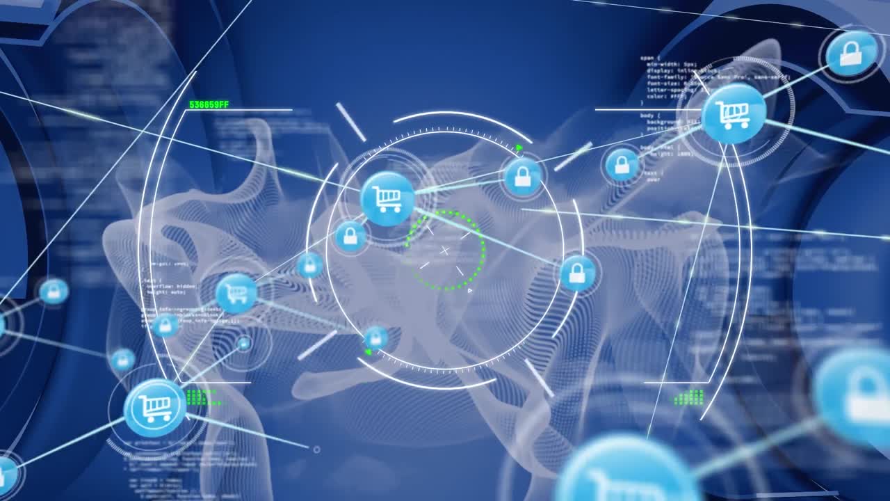 스 스캔의 애니메이션과 파란색 배경에 디지털 파동을 통해 디지털 아이콘의 네트워크