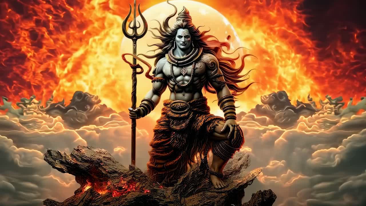 Dynamic low-angle video concept of a powerful deity standing on rocks, surrounded by flames