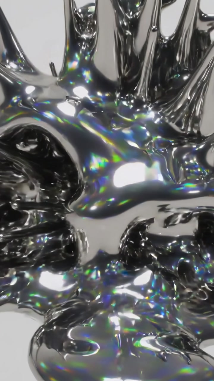 Vertical video: Magnet firing beneath grid, ferrofluid forming spiky beads and flowing under lights