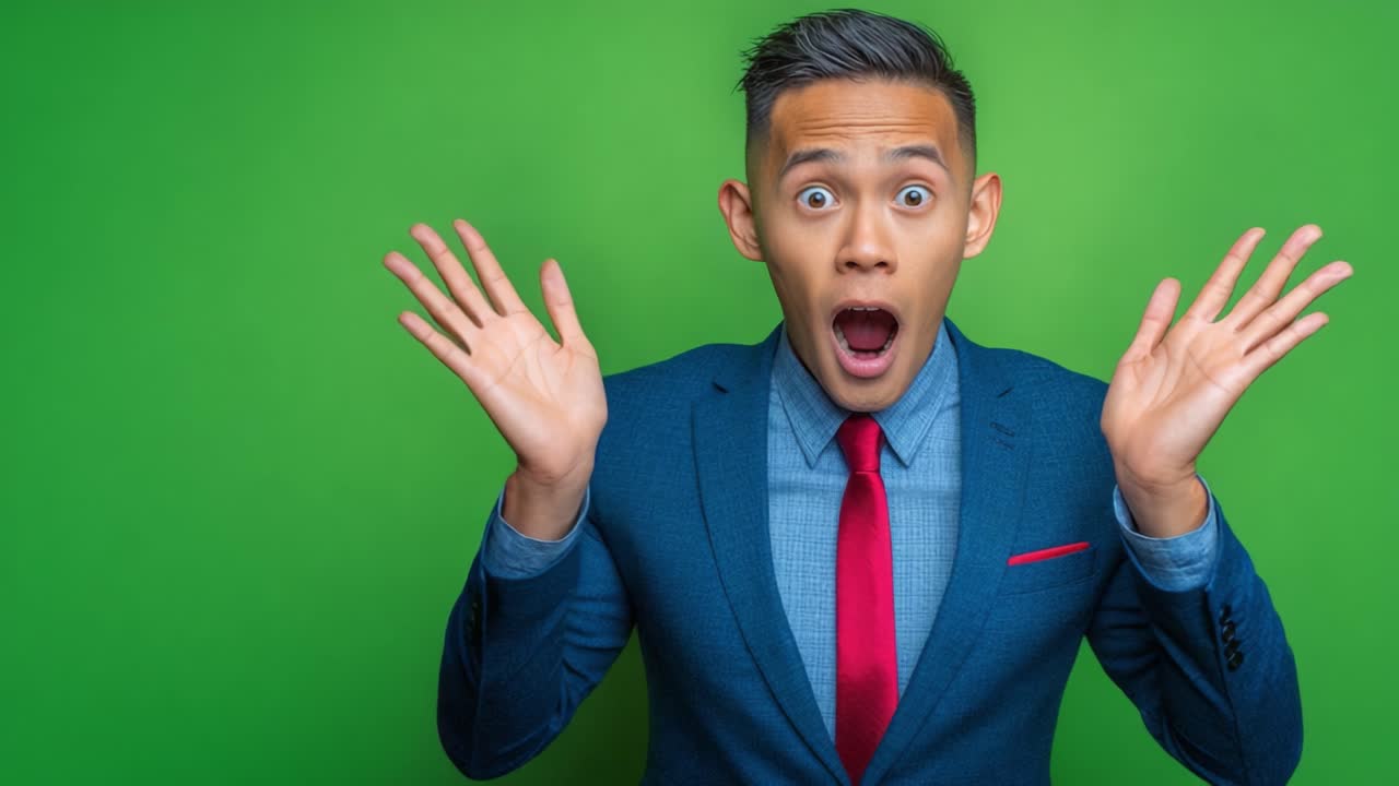 Surprised Businessman Expressing Shock and Excitement with Hands Raised Against a Bright Green Background