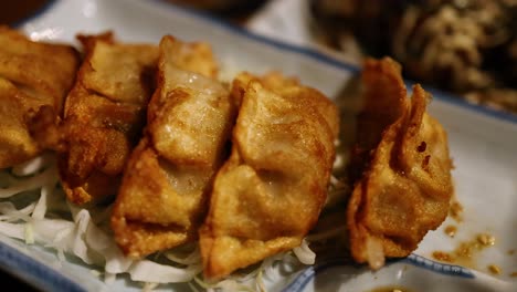 golden gyoza served on a plate with cabbage