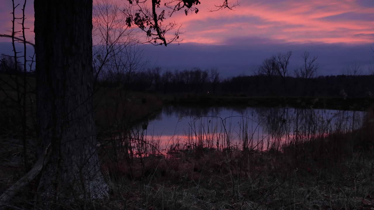 4k hermosa puesta de sol en el estanque en la granja